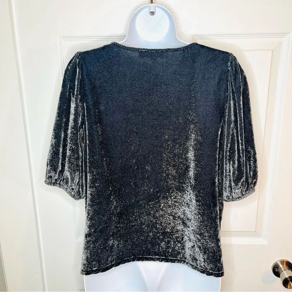 LOFT V-Neck Puff Sleeve Velvet Top Charcoal Gray S